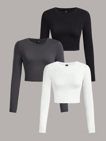 Casual Crew Neck Long Sleeve Cropped 3Piece T-Shirt Set